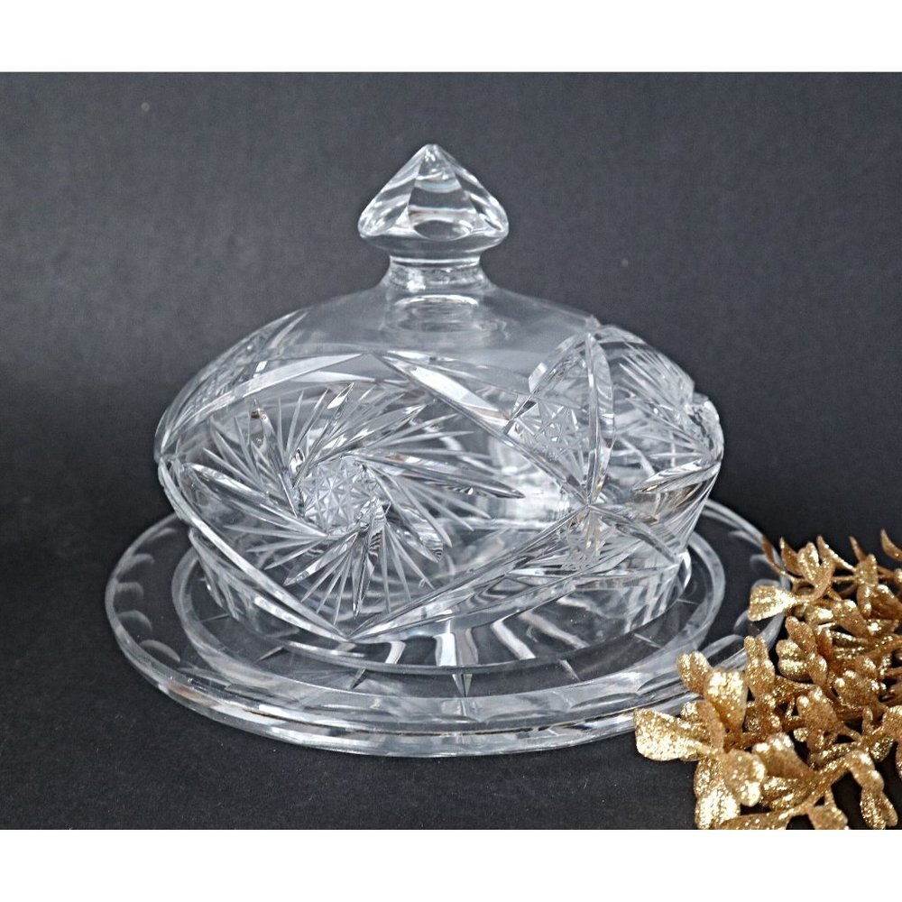 Vintage Pinwheel Crystal Covered Butter Dish / Cheese Dish